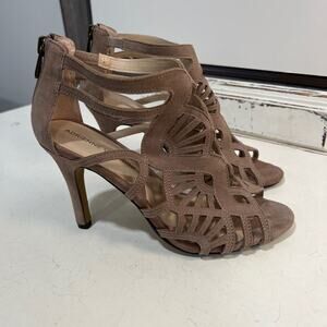 ADRIENNE VITTADINI Tan Brown 3.5" Suede Cut Out Open Toe High Heels size 6